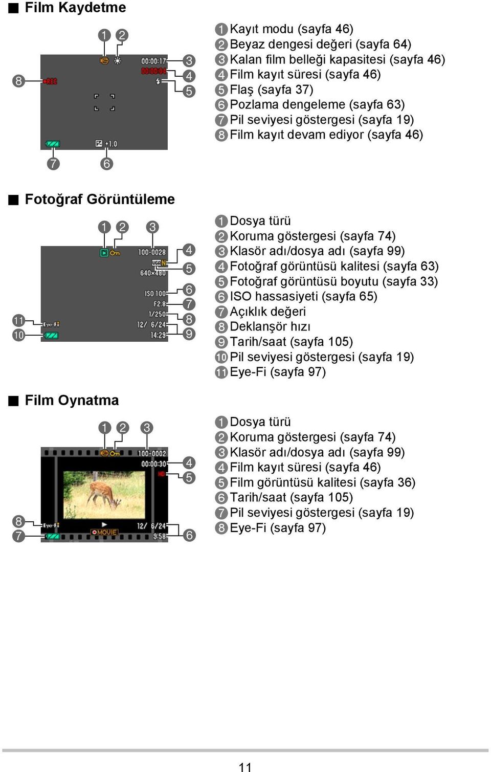 Film Oynatma 8 7 3 1 2 3 4 5 6 7 8 9 4 5 6 1Dosya türü 2Koruma göstergesi (sayfa 74) 3Klasör adı/dosya adı (sayfa 99) 4Fotoğraf görüntüsü kalitesi (sayfa 63) 5Fotoğraf görüntüsü boyutu (sayfa 33)