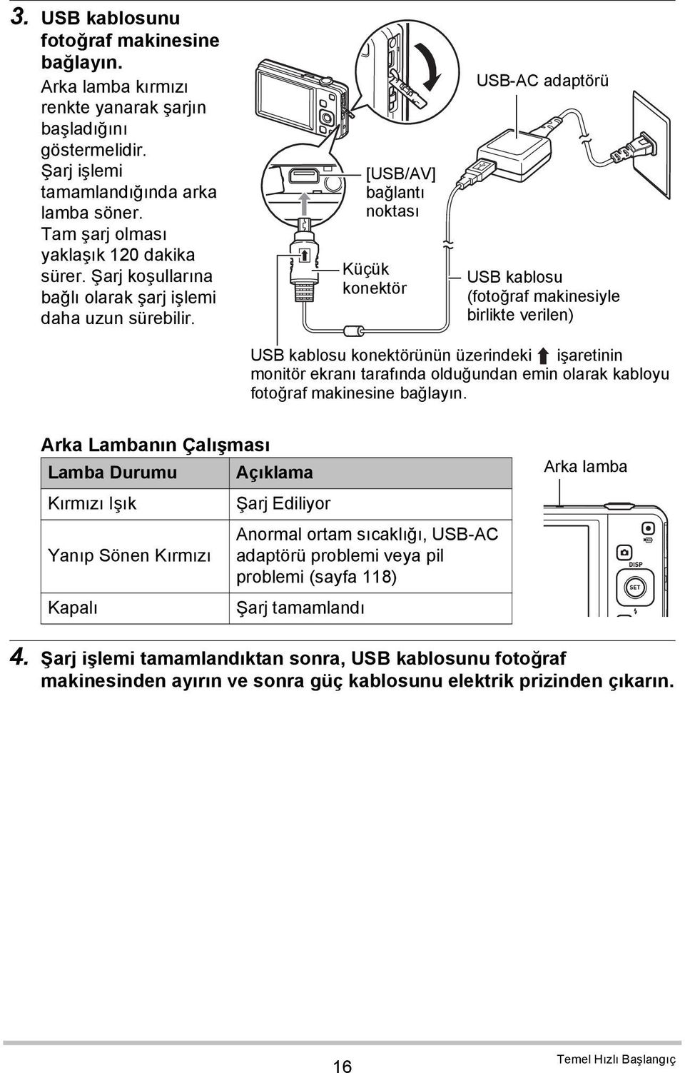 [USB/AV] bağlantı noktası Küçük konektör USB-AC adaptörü USB kablosu (fotoğraf makinesiyle birlikte verilen) USB kablosu konektörünün üzerindeki işaretinin monitör ekranı tarafında olduğundan emin