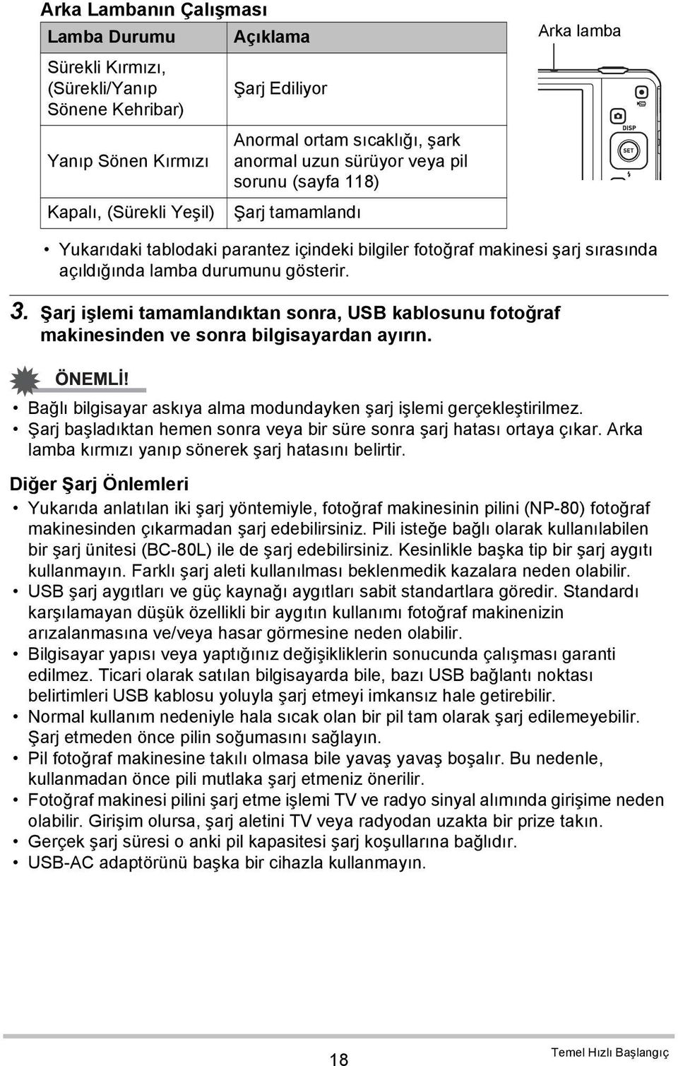 Şarj işlemi tamamlandıktan sonra, USB kablosunu fotoğraf makinesinden ve sonra bilgisayardan ayırın. Bağlı bilgisayar askıya alma modundayken şarj işlemi gerçekleştirilmez.