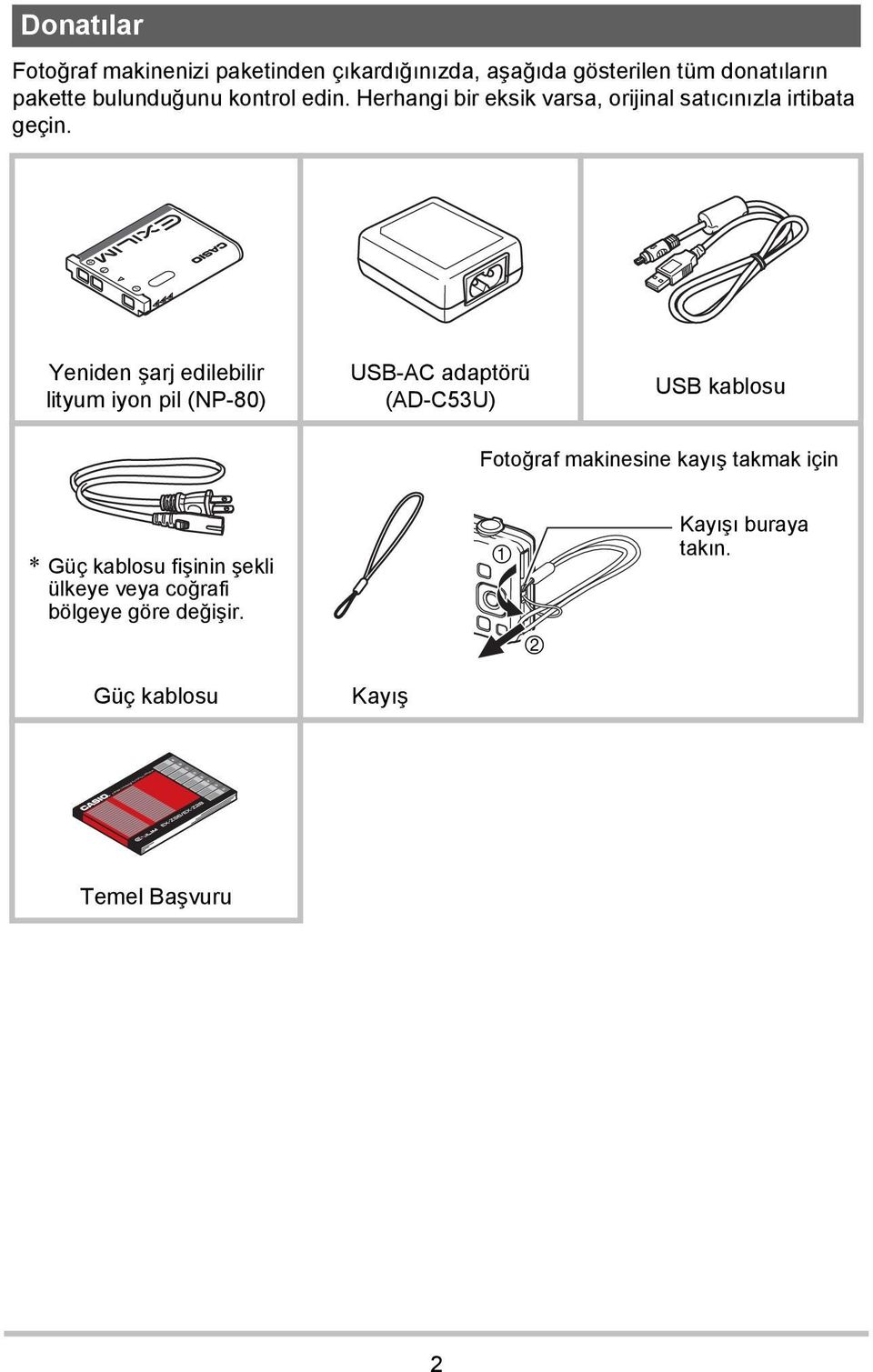 Yeniden şarj edilebilir lityum iyon pil (NP-80) USB-AC adaptörü (AD-C53U) USB kablosu Fotoğraf makinesine kayış takmak