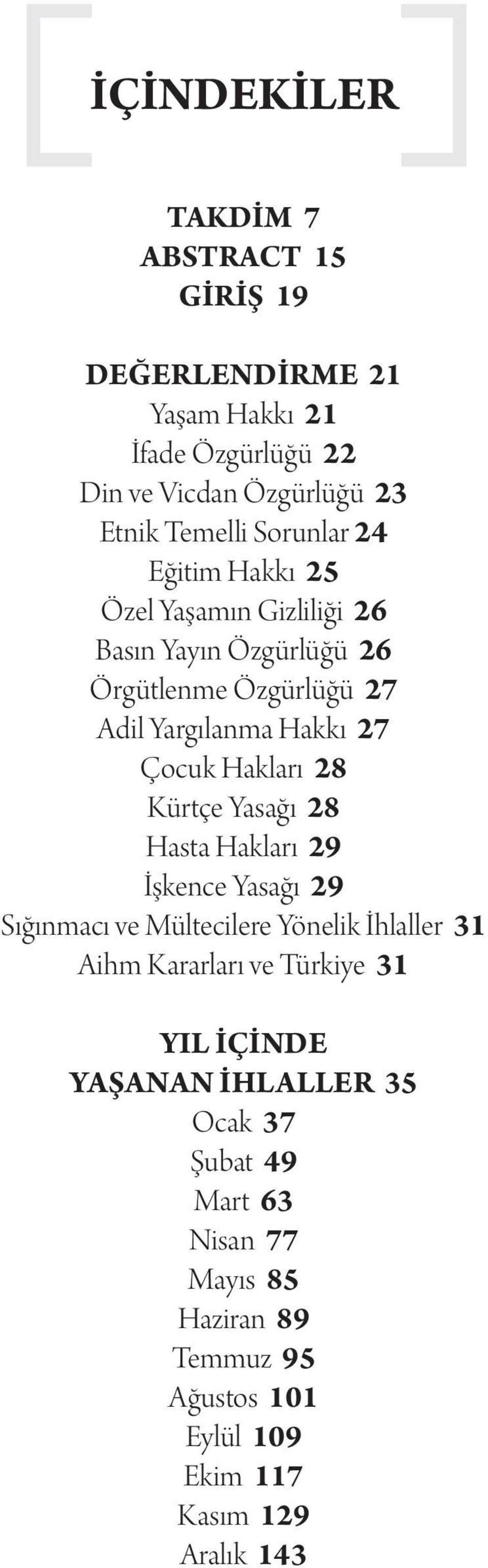 Hakları 28 Kürtçe Yasağı 28 Hasta Hakları 29 İşkence Yasağı 29 Sığınmacı ve Mültecilere Yönelik İhlaller 31 Aihm Kararları ve Türkiye 31