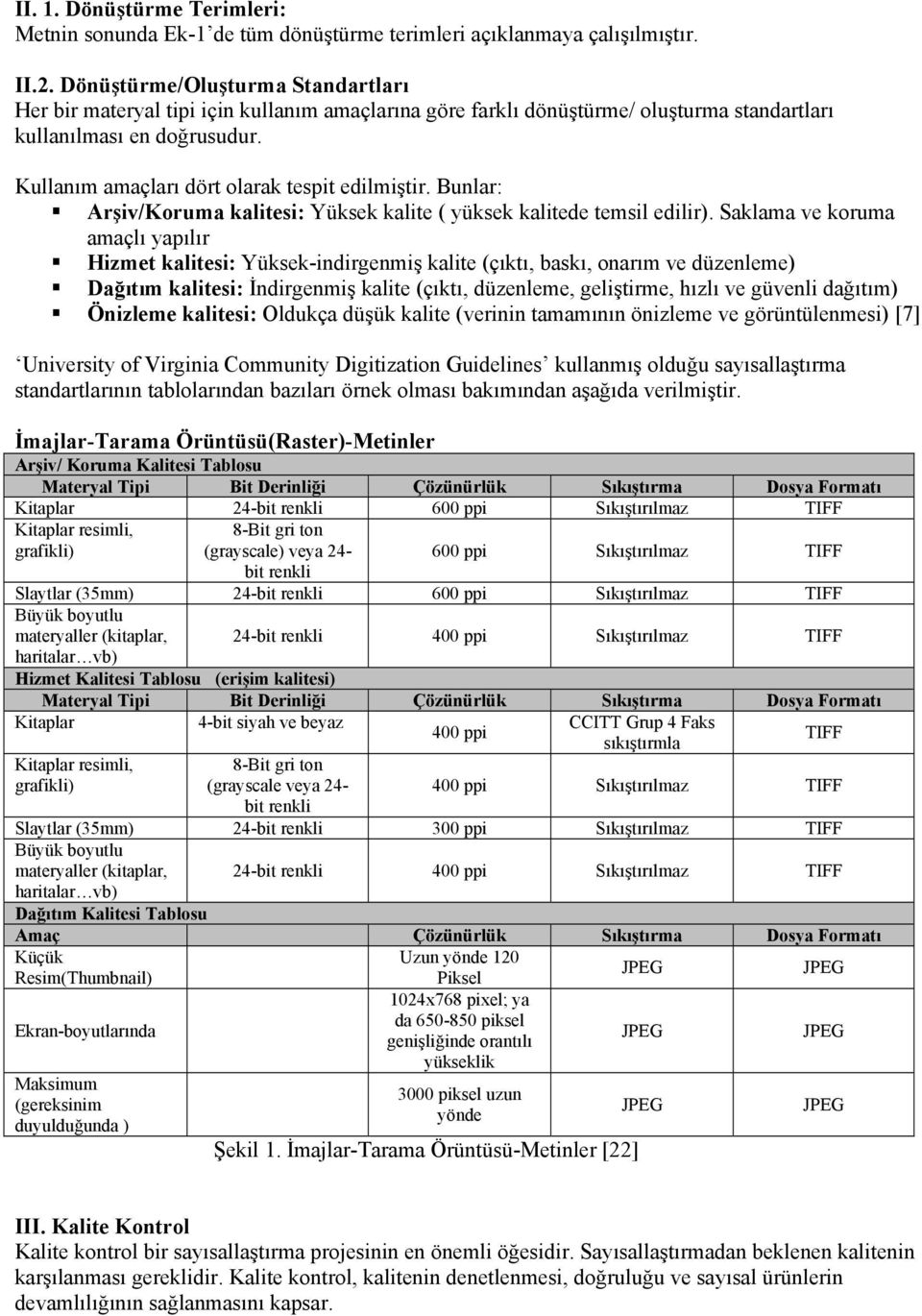 Kullanım amaçları dört olarak tespit edilmiştir. Bunlar: Arşiv/Koruma kalitesi: Yüksek kalite ( yüksek kalitede temsil edilir).