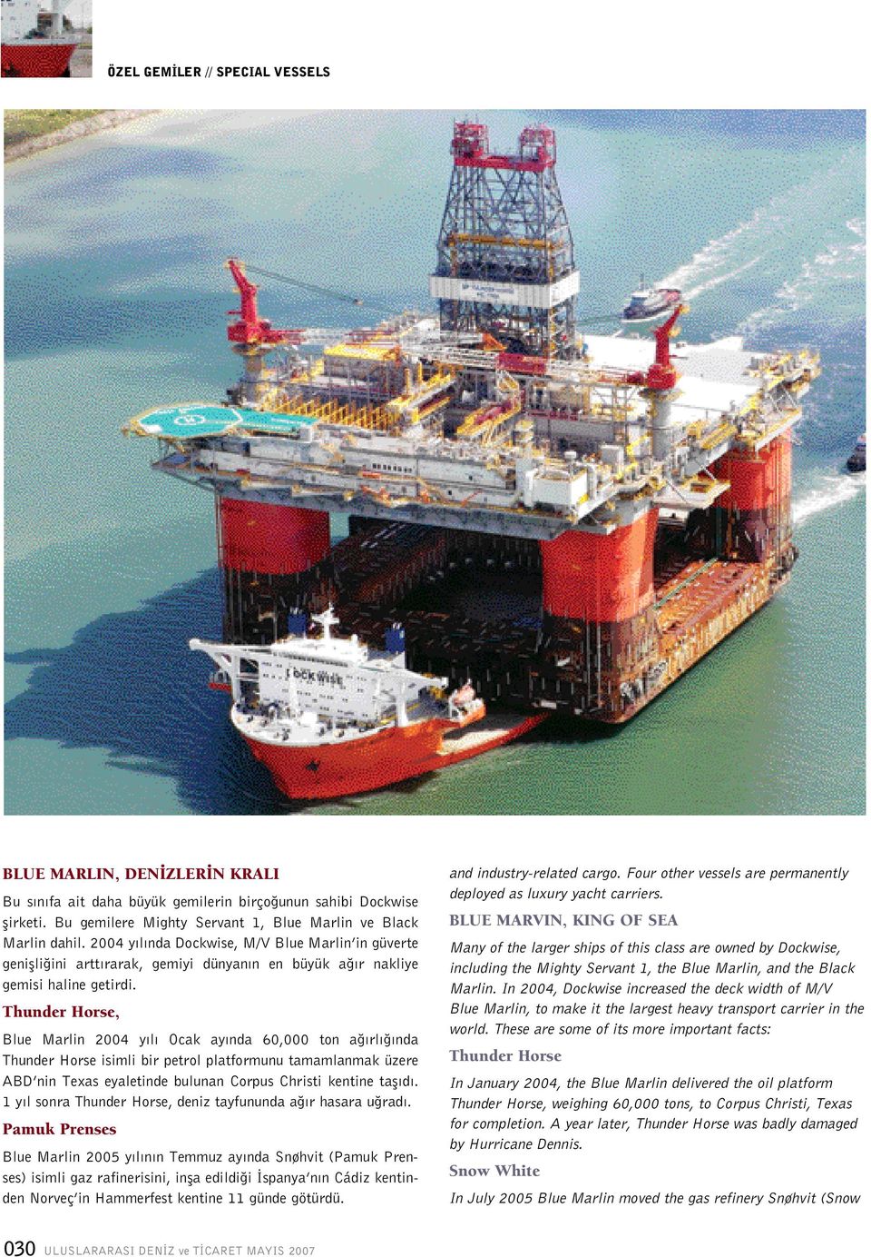 Thunder Horse, Blue Marlin 2004 y l Ocak ay nda 60,000 ton a rl nda Thunder Horse isimli bir petrol platformunu tamamlanmak üzere ABD nin Texas eyaletinde bulunan Corpus Christi kentine tafl d.