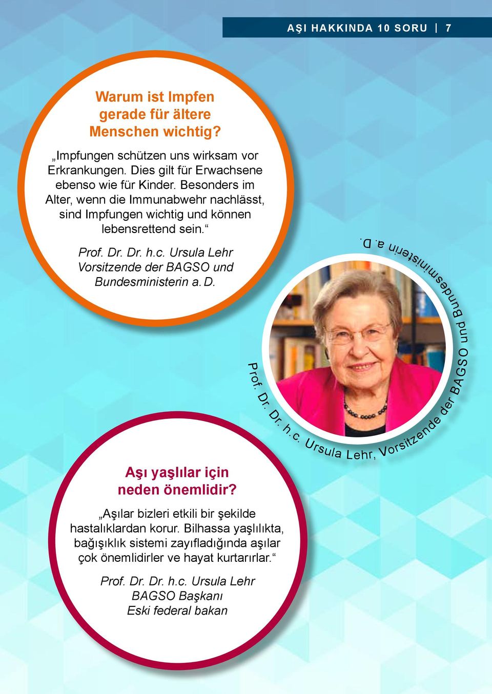 D. Prof. Dr. Dr. h.c. Ursula Lehr, Vorsitzende der B A GS O und Bundesministerin a. D. Aşı yaşlılar için neden önemlidir?