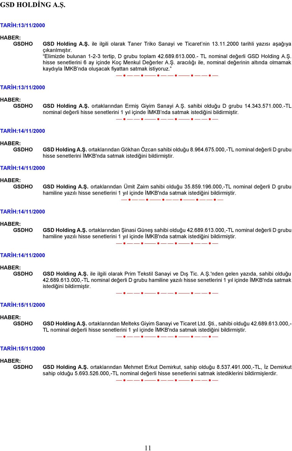 Ş. sahibi olduğu D grubu 14.343.571.000.-TL nominal değerli hisse senetlerini 1 yıl içinde İMKB nda satmak istediğini bildirmiştir. TARİH:14/11/2000 GSD Holding A.Ş. ortaklarından Gökhan Özcan sahibi olduğu 8.