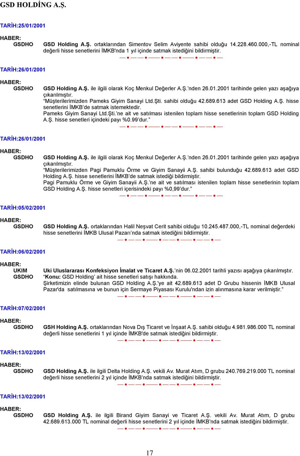 sahibi olduğu 42.689.613 adet GSD Holding A.Ş. hisse senetlerini İMKB de satmak istemektedir. Pameks Giyim Sanayi Ltd.Şti. ne ait ve satılması istenilen toplam hisse senetlerinin toplam GSD Holding A.