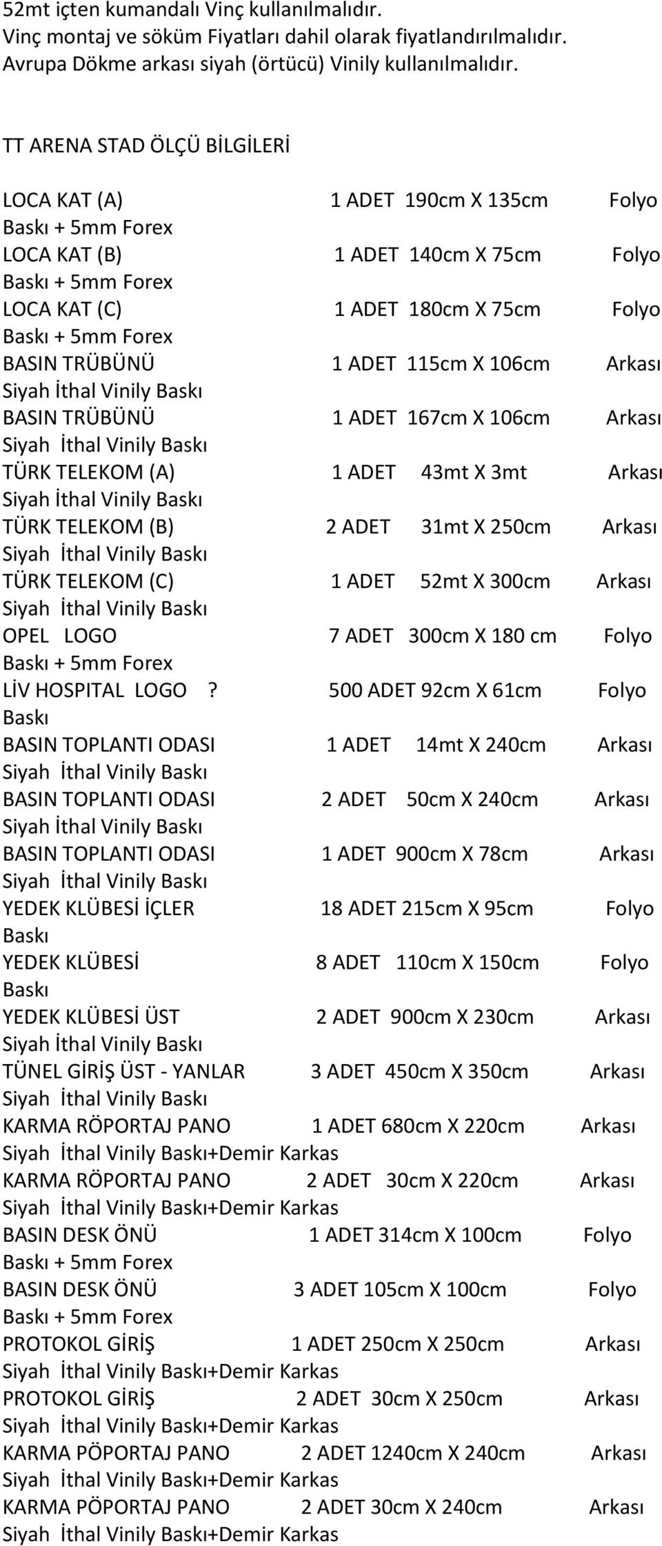 TRÜBÜNÜ 1 ADET 167cm X 106cm Arkası TÜRK TELEKOM (A) 1 ADET 43mt X 3mt Arkası TÜRK TELEKOM (B) 2 ADET 31mt X 250cm Arkası TÜRK TELEKOM (C) 1 ADET 52mt X 300cm Arkası OPEL LOGO 7 ADET 300cm X 180 cm