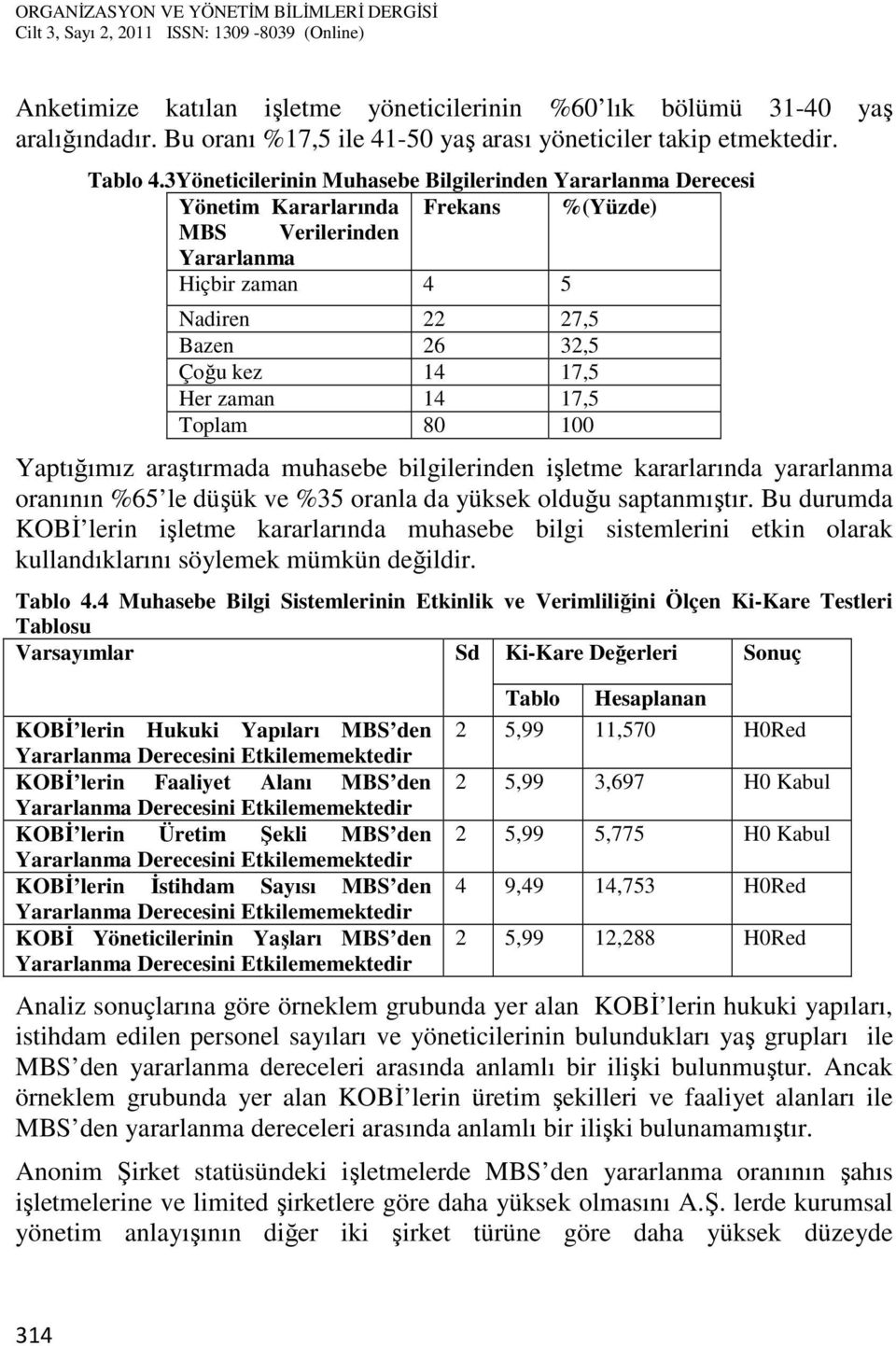 14 17,5 Toplam 80 100 Yaptığımız araştırmada muhasebe bilgilerinden işletme kararlarında yararlanma oranının %65 le düşük ve %35 oranla da yüksek olduğu saptanmıştır.