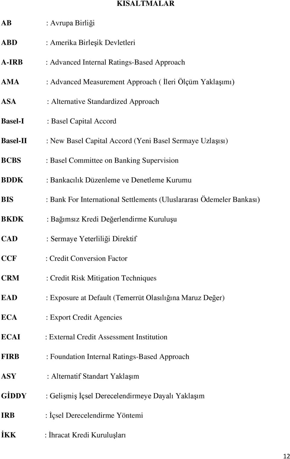 on Banking Supervision : Bankacılık Düzenleme ve Denetleme Kurumu : Bank For International Settlements (Uluslararası Ödemeler Bankası) : Bağımsız Kredi Değerlendirme Kuruluşu : Sermaye Yeterliliği