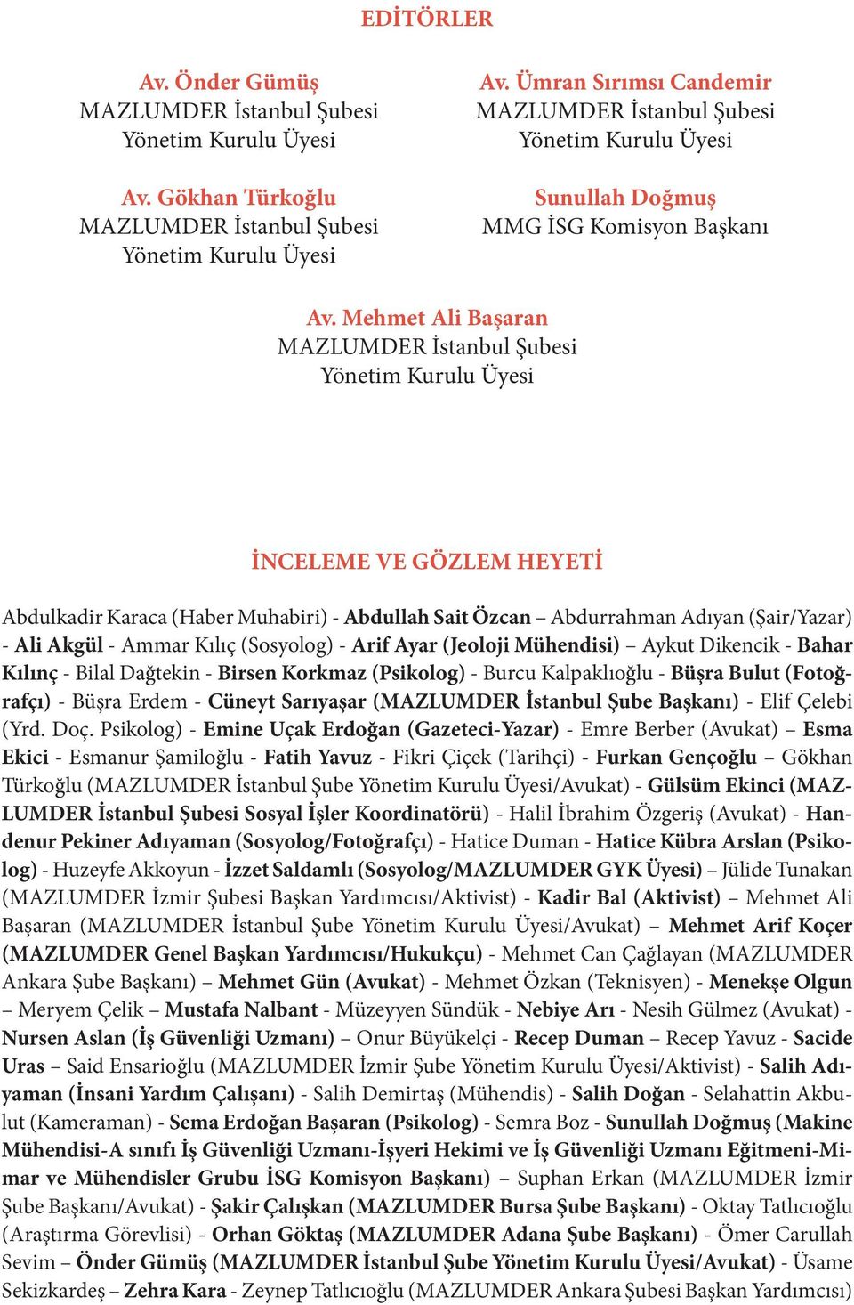 Mehmet Ali Başaran MAZLUMDER İstanbul Şubesi Yönetim Kurulu Üyesi İNCELEME VE GÖZLEM HEYETİ Abdulkadir Karaca (Haber Muhabiri) - Abdullah Sait Özcan Abdurrahman Adıyan (Şair/Yazar) - Ali Akgül -