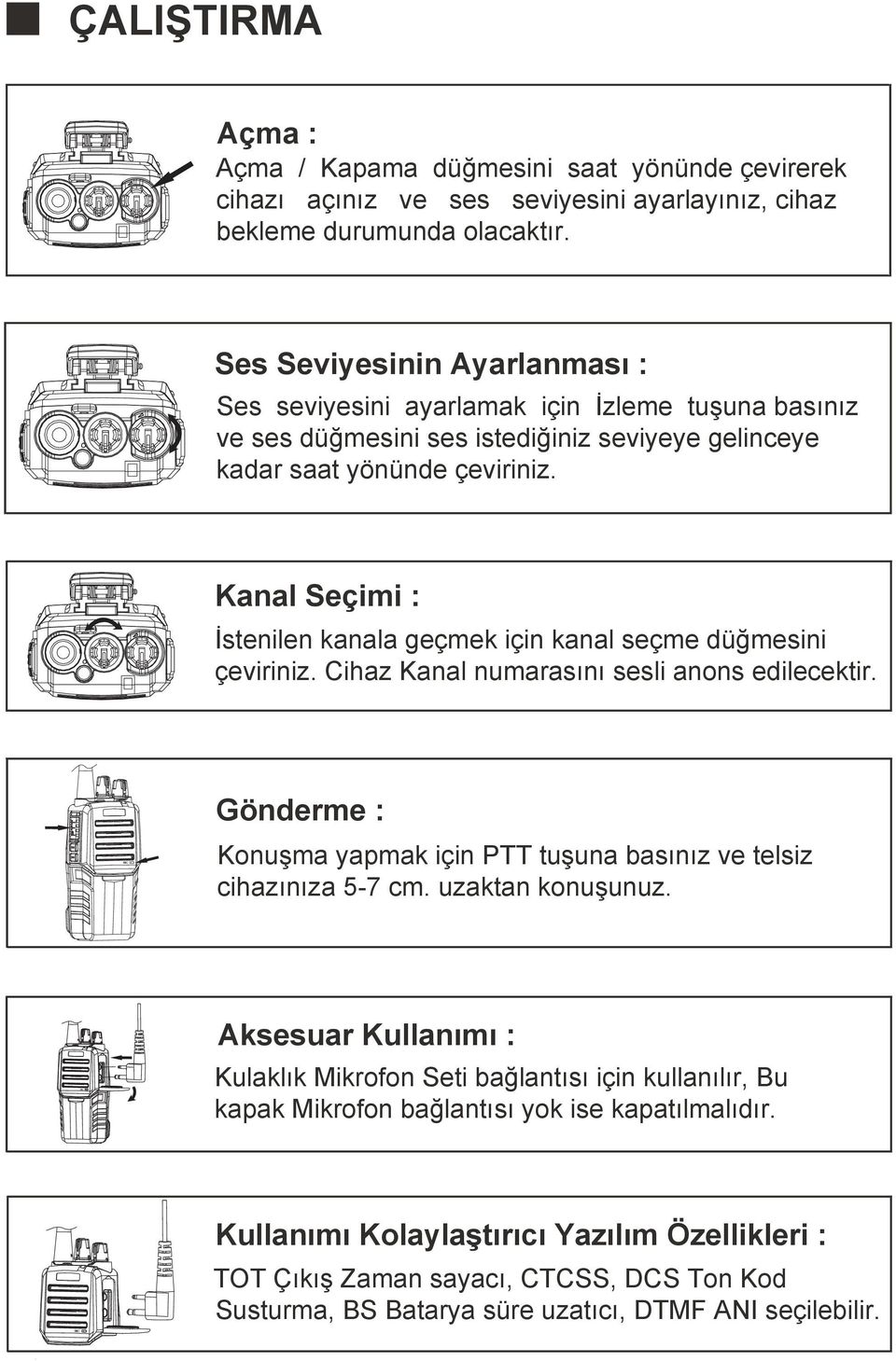 Kanal Seçimi : İstenilen kanala geçmek için kanal seçme düğmesini çeviriniz. Cihaz Kanal numarasını sesli anons edilecektir.