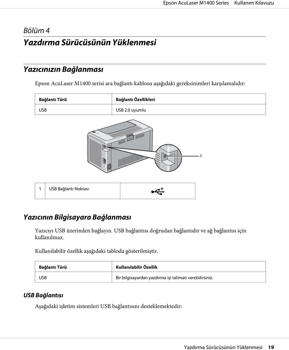 USB bağlantısı doğrudan bağlantıdır ve ağ bağlantısı için kullanılmaz. Kullanılabilir özellik aşağıdaki tabloda gösterilmiştir.