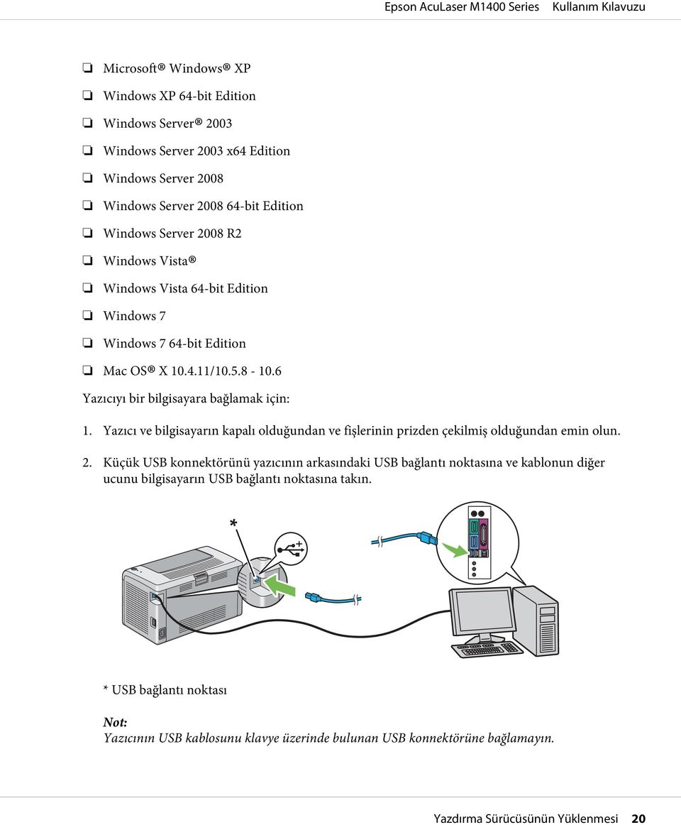 Yazıcı ve bilgisayarın kapalı olduğundan ve fişlerinin prizden çekilmiş olduğundan emin olun. 2.