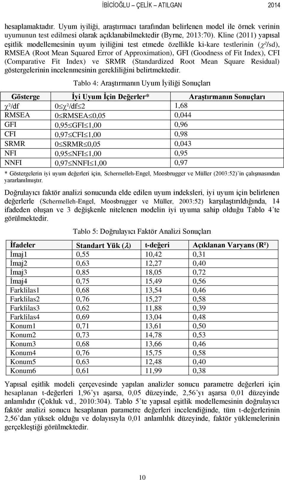 (Comparative Fit Index) ve SRMR (Standardized Root Mean Square Residual) göstergelerinin incelenmesinin gerekliliğini belirtmektedir.