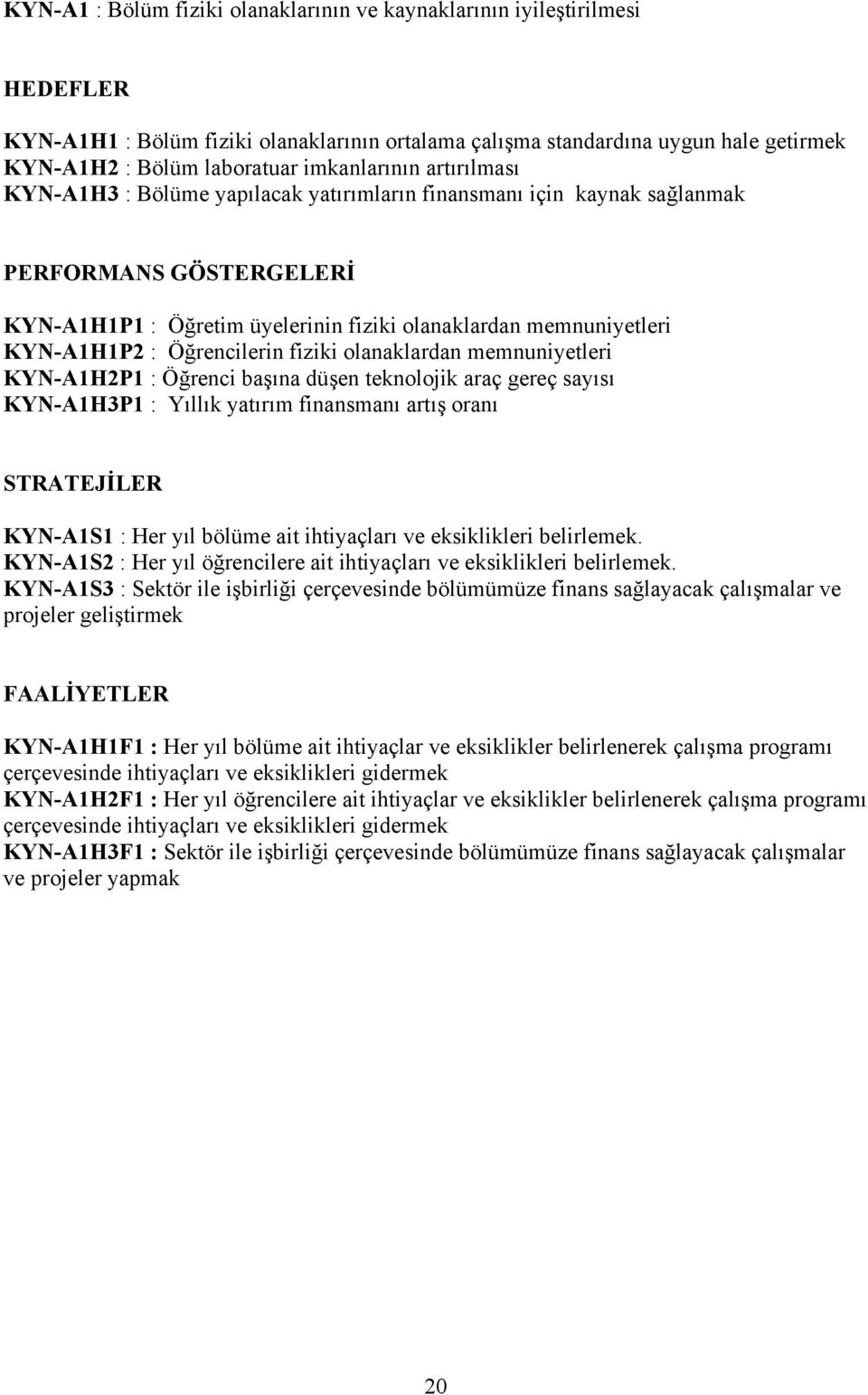 KYN-A1H1P2 : Öğrencilerin fiziki olanaklardan memnuniyetleri KYN-A1H2P1 : Öğrenci başına düşen teknolojik araç gereç sayısı KYN-A1H3P1 : Yıllık yatırım finansmanı artış oranı STRATEJİLER KYN-A1S1 :