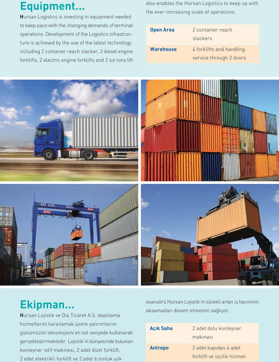 lift also enables the Hursan Logistics to keep up with the ever-increasing scale of operations. Open Area 2 container reach stackers Warehouse 4 forklifts and handling service through 2 doors Ekipman.