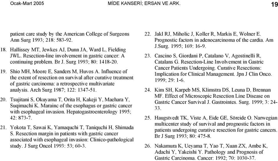 Influence of the extent of resection on survival after curative treatment of gastric carcinoma: a retrospective multivariate analysis. Arch Surg 1987; 122: 1347-51. 20.