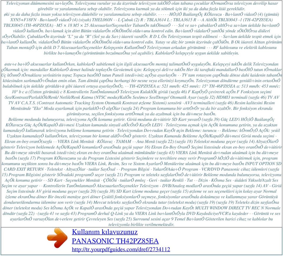 HÕzlÕ BaúlangÕç KÕlavuzu Ba lantõ vidasõ (4) (gümüú) XYN5+F18FN Ba lantõ vidasõ (4) (siyah) THEL060N L Çubuk (2) R : TBLA3614 L : TBLA3615 R A AltlÕk TBLX0043-1 (TH-42PZ85EA) TBLX0045 (TH-46PZ85EA)