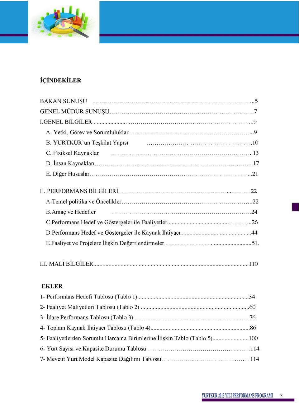 Performans Hedef ve Göstergeler ile Kaynak İhtiyacı...44 E.Faaliyet ve Projelere İlişkin Değerrlendirmeler...51. III. MALİ BİLGİLER...110 EKLER 1- Performans Hedefi Tablosu (Tablo 1).