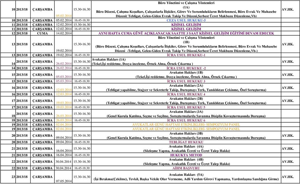 02.2014 KİŞİSEL GELİŞİM 12 2013/18 CUMA 14.02.2014 AYNI HAFTA CUMA GÜNÜ AÇIKLANACAK SAATTE 3 SAAT KİŞİSEL GELİŞİM EĞİTİMİ DEVAM EDECEK Büro Yönetimi ve Çalışma Yöntemleri 13 2013/18 ÇARŞAMBA (1B)