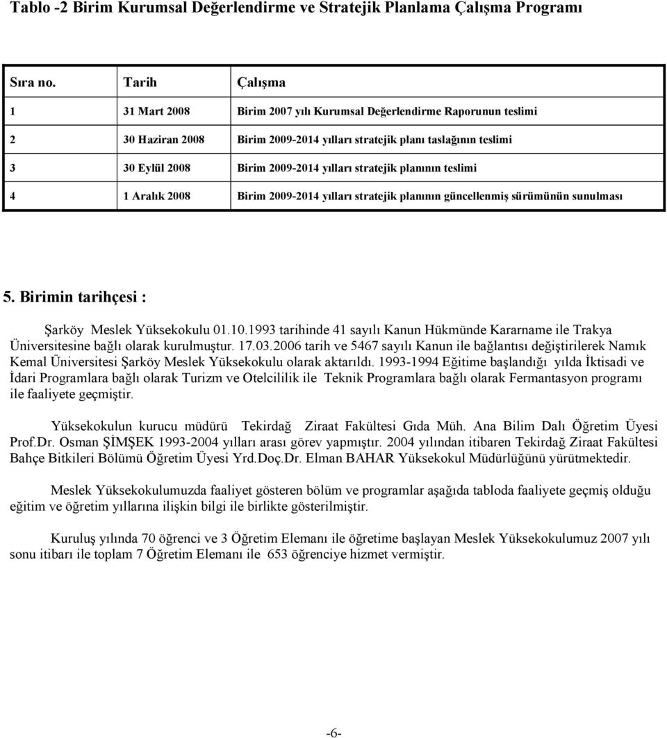 yılları stratejik planının teslimi 4 1 Aralık 2008 Birim 20092014 yılları stratejik planının güncellenmiş sürümünün sunulması 5. Birimin tarihçesi : Şarköy Meslek Yüksekokulu 01.10.