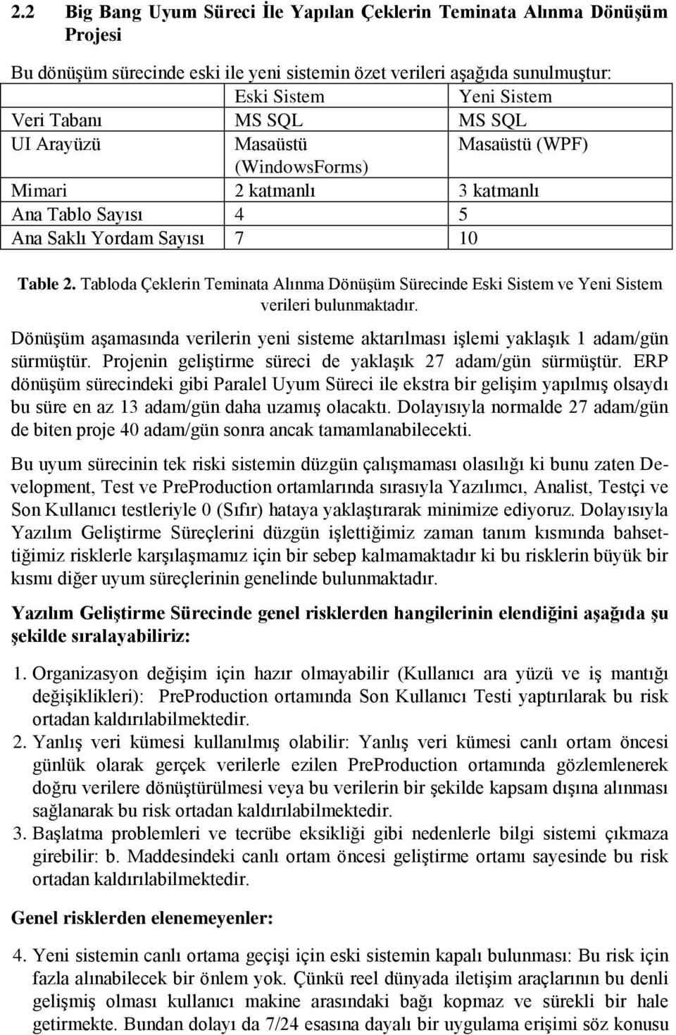 Tabloda Çeklerin Teminata Alınma Dönüşüm Sürecinde Eski Sistem ve Yeni Sistem verileri bulunmaktadır. Dönüşüm aşamasında verilerin yeni sisteme aktarılması işlemi yaklaşık 1 adam/gün sürmüştür.