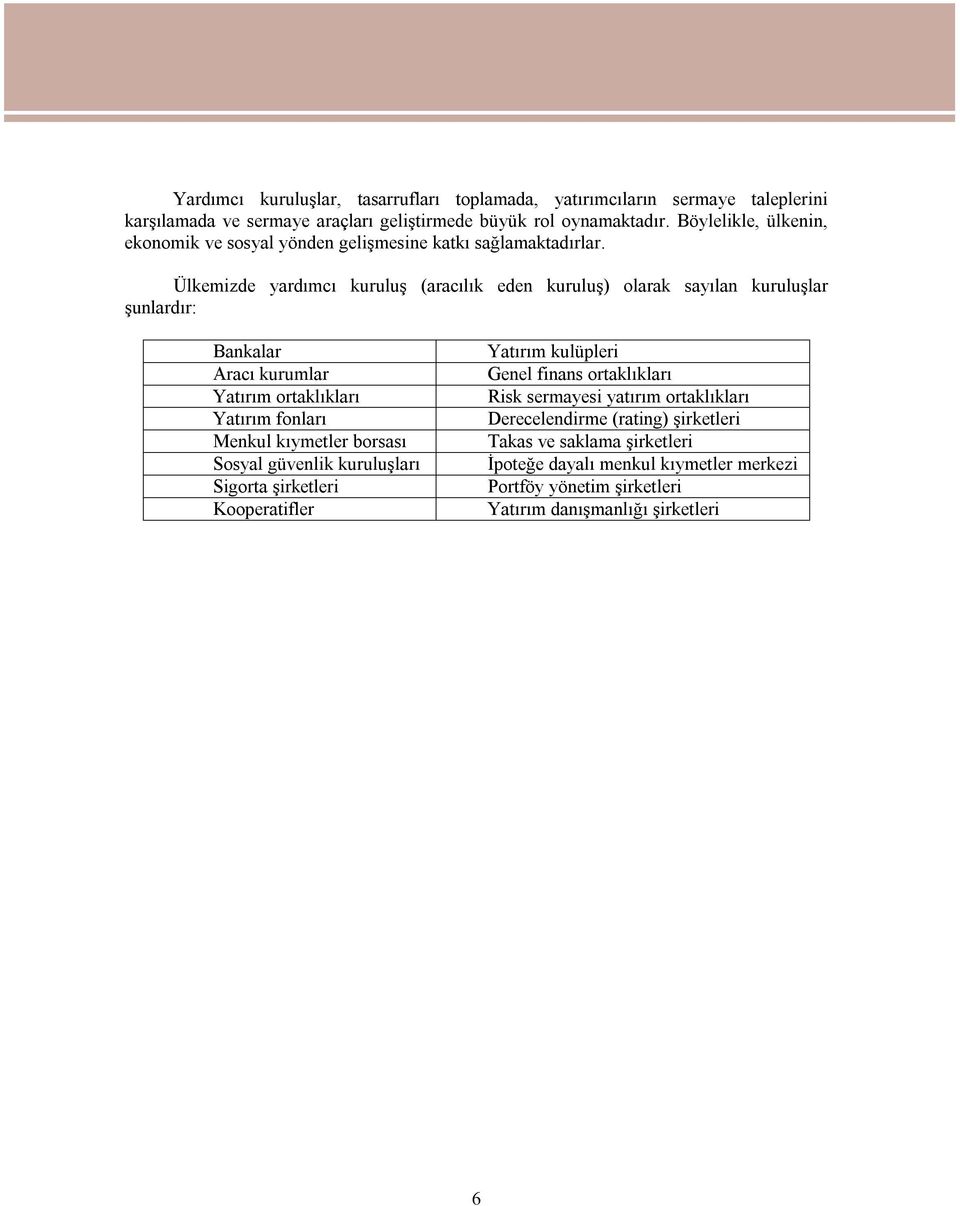 Ülkemizde yardımcı kuruluş (aracılık eden kuruluş) olarak sayılan kuruluşlar şunlardır: Bankalar Yatırım kulüpleri Aracı kurumlar Genel finans ortaklıkları Yatırım ortaklıkları