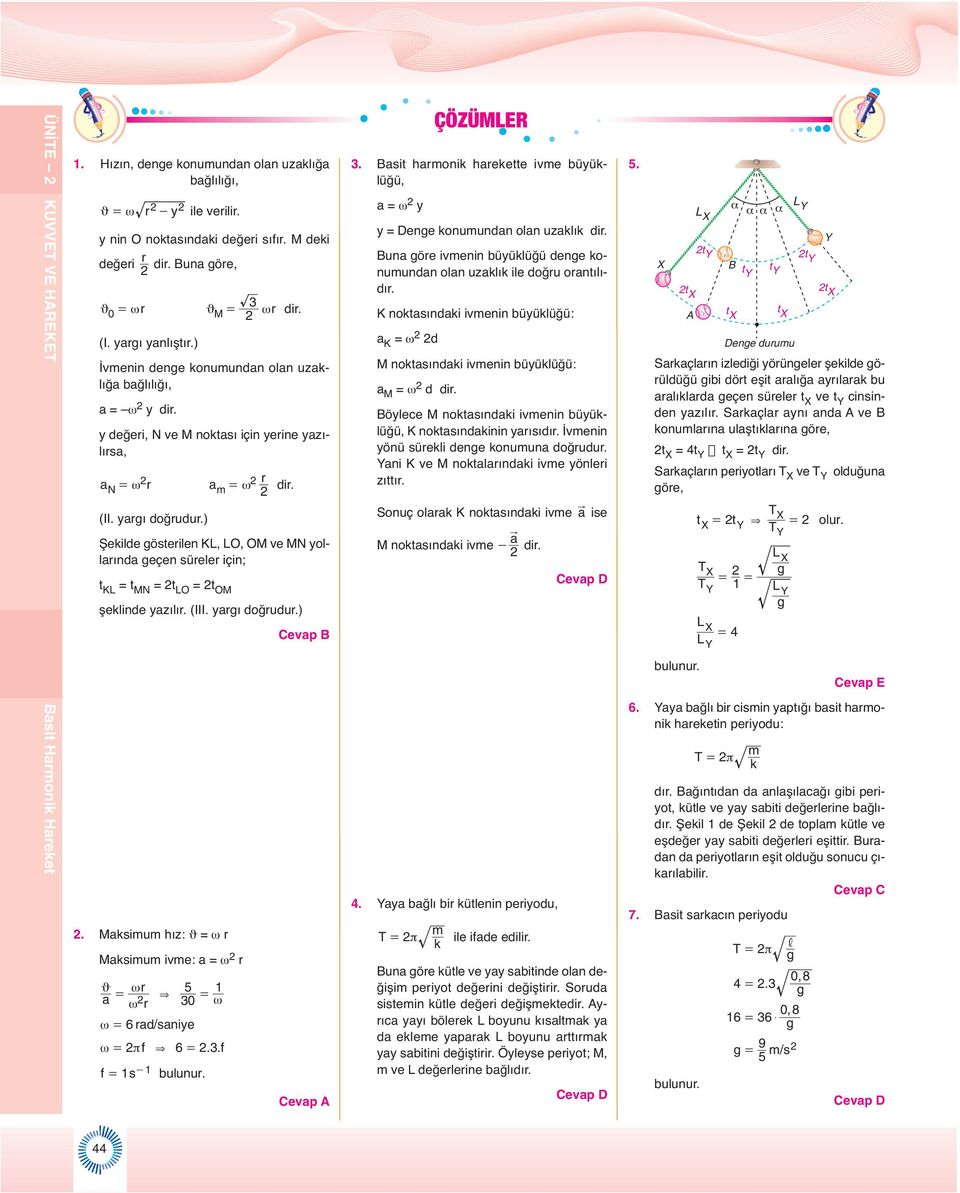 (III. yagı doğudu.). Masiu hız: ϑ = ω Masiu ive: a = ω ϑ ω 5 1 a = & = ω 30 ω ω = 6 ad/saniye ω = πf & 6 =.3.f f = 1s - 1 bulunu. Cevap B Cevap 3.