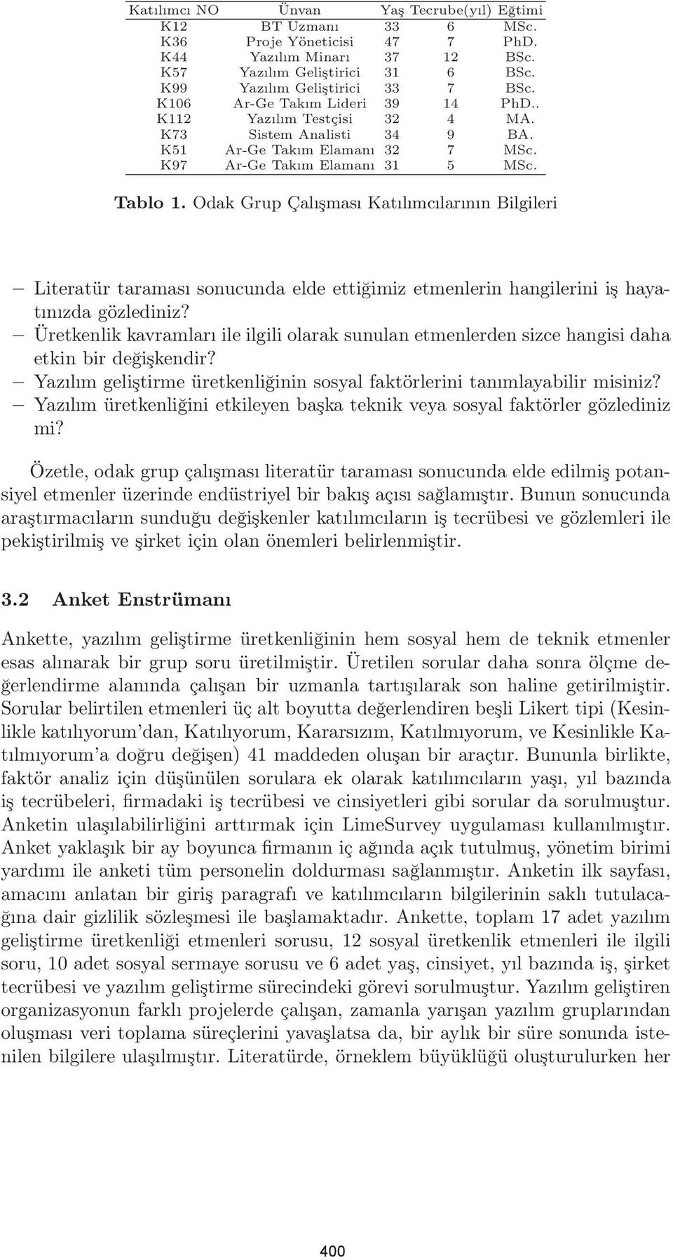 Odak Grup Çalışması Katılımcılarının Bilgileri Literatür taraması sonucunda elde ettiğimiz etmenlerin hangilerini iş hayatınızda gözlediniz?