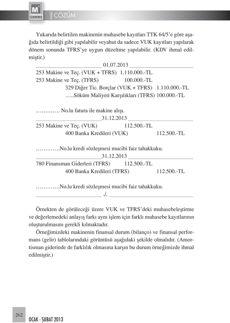 000.-TL. No.lu fatura ile makine alışı. 31.12.2013 253 Makine ve Teç. (VUK) 112.500.-TL 400 Banka Kredileri (VUK) 112.500.-TL.No.lu kredi sözleşmesi mucibi faiz tahakkuku. 31.12.2013 780 Finansman Giderleri (TFRS) 112.