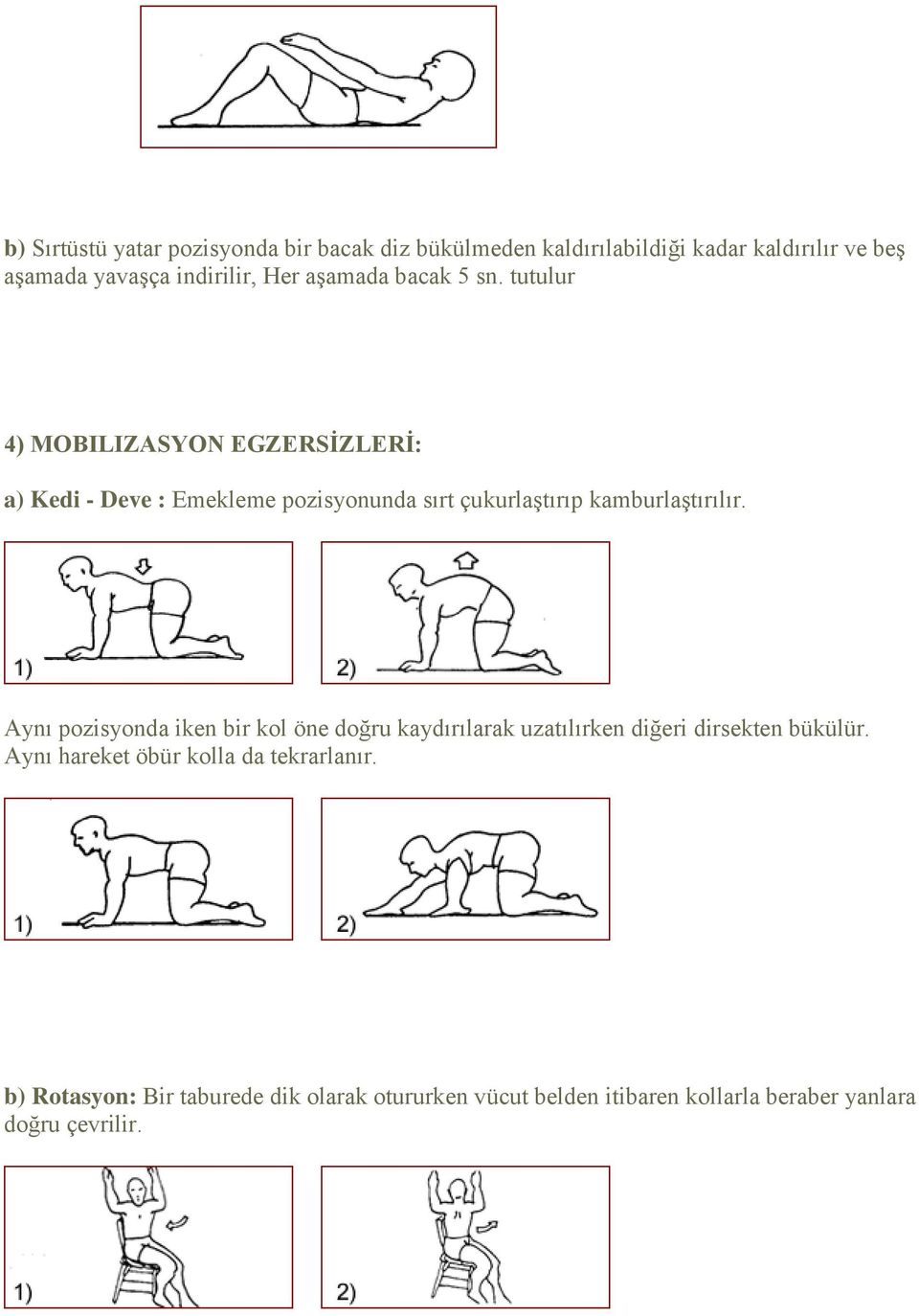 tutulur 4) MOBILIZASYON EGZERSİZLERİ: a) Kedi - Deve : Emekleme pozisyonunda sırt çukurlaştırıp kamburlaştırılır.