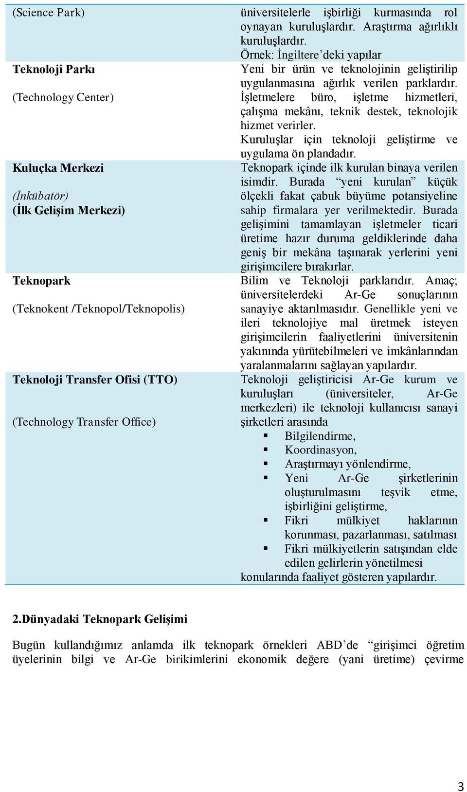 (Technology Center) İşletmelere büro, işletme hizmetleri, çalışma mekânı, teknik destek, teknolojik hizmet verirler.