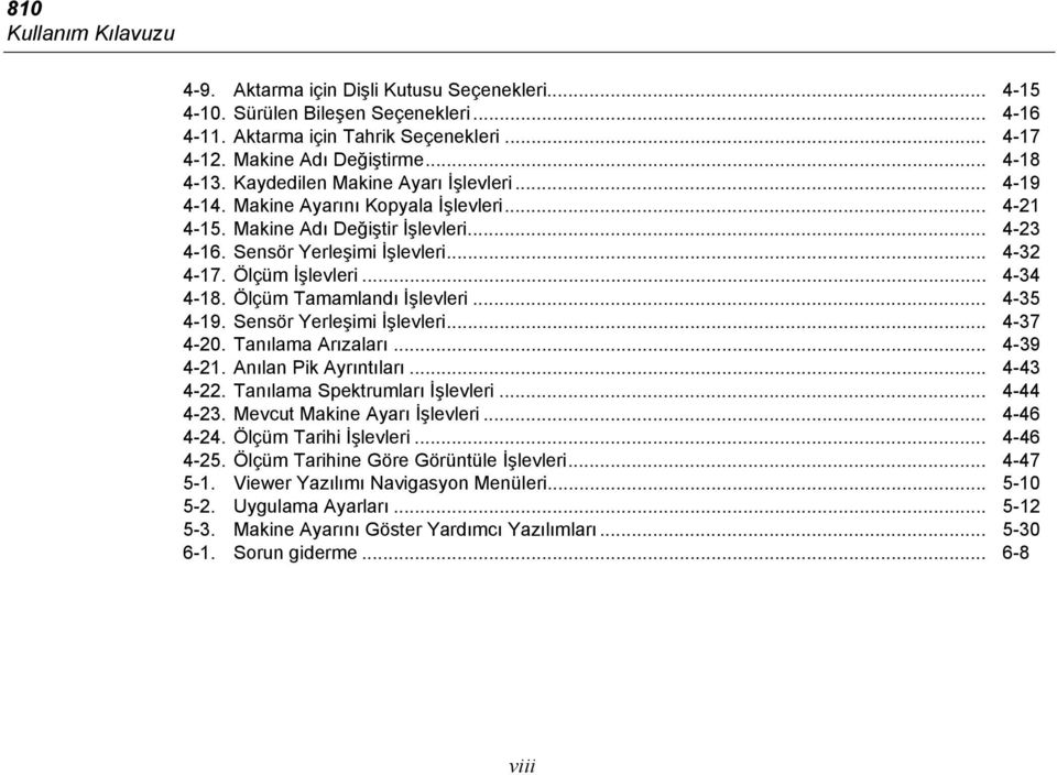 .. 4-34 4-18. Ölçüm Tamamlandı İşlevleri... 4-35 4-19. Sensör Yerleşimi İşlevleri... 4-37 4-20. Tanılama Arızaları... 4-39 4-21. Anılan Pik Ayrıntıları... 4-43 4-22. Tanılama Spektrumları İşlevleri.