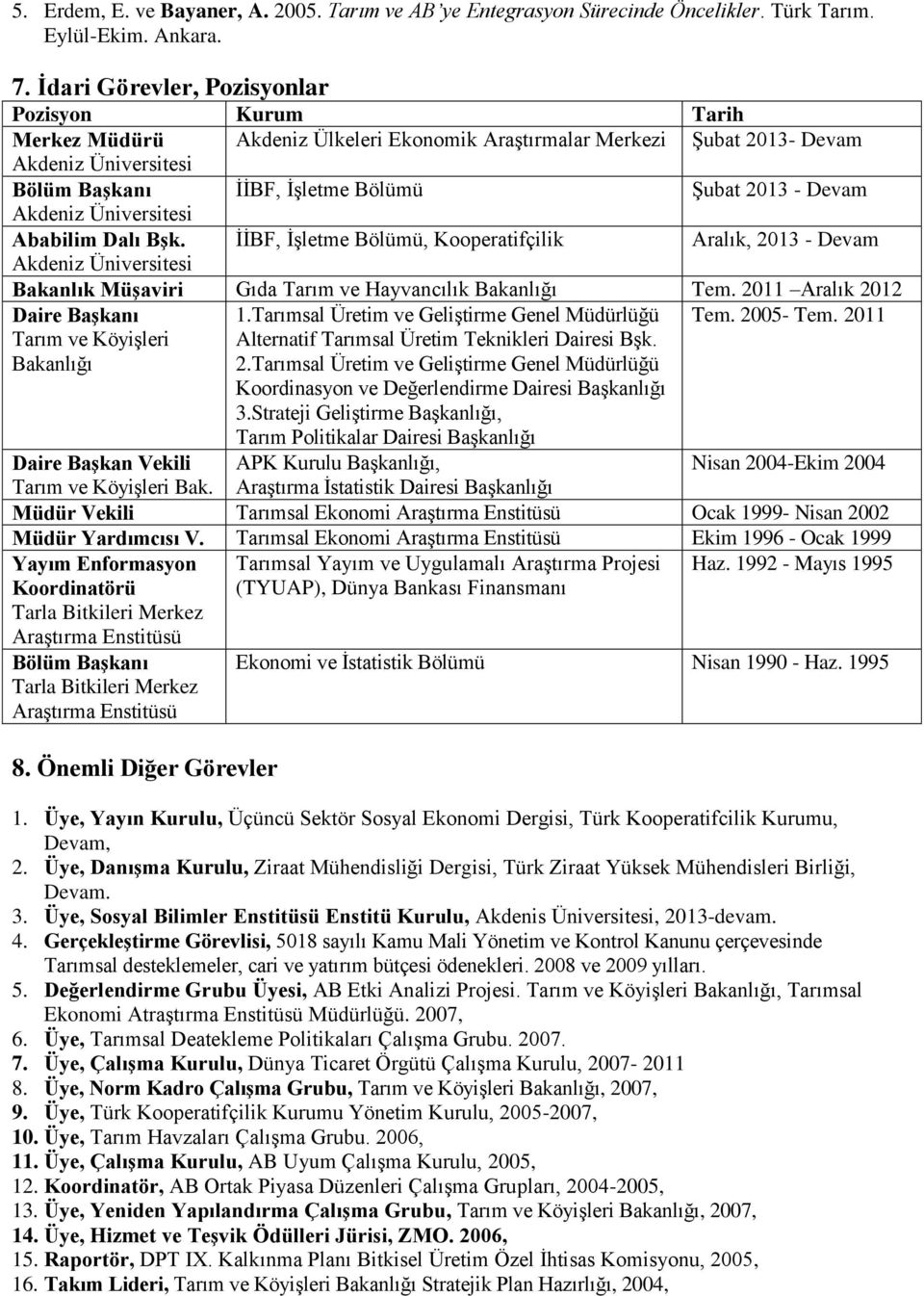 Devam Akdeniz Üniversitesi Ababilim Dalı Bşk. İİBF, İşletme Bölümü, Kooperatifçilik Aralık, 2013 - Devam Akdeniz Üniversitesi Bakanlık Müşaviri Gıda Tarım ve Hayvancılık Bakanlığı Tem.