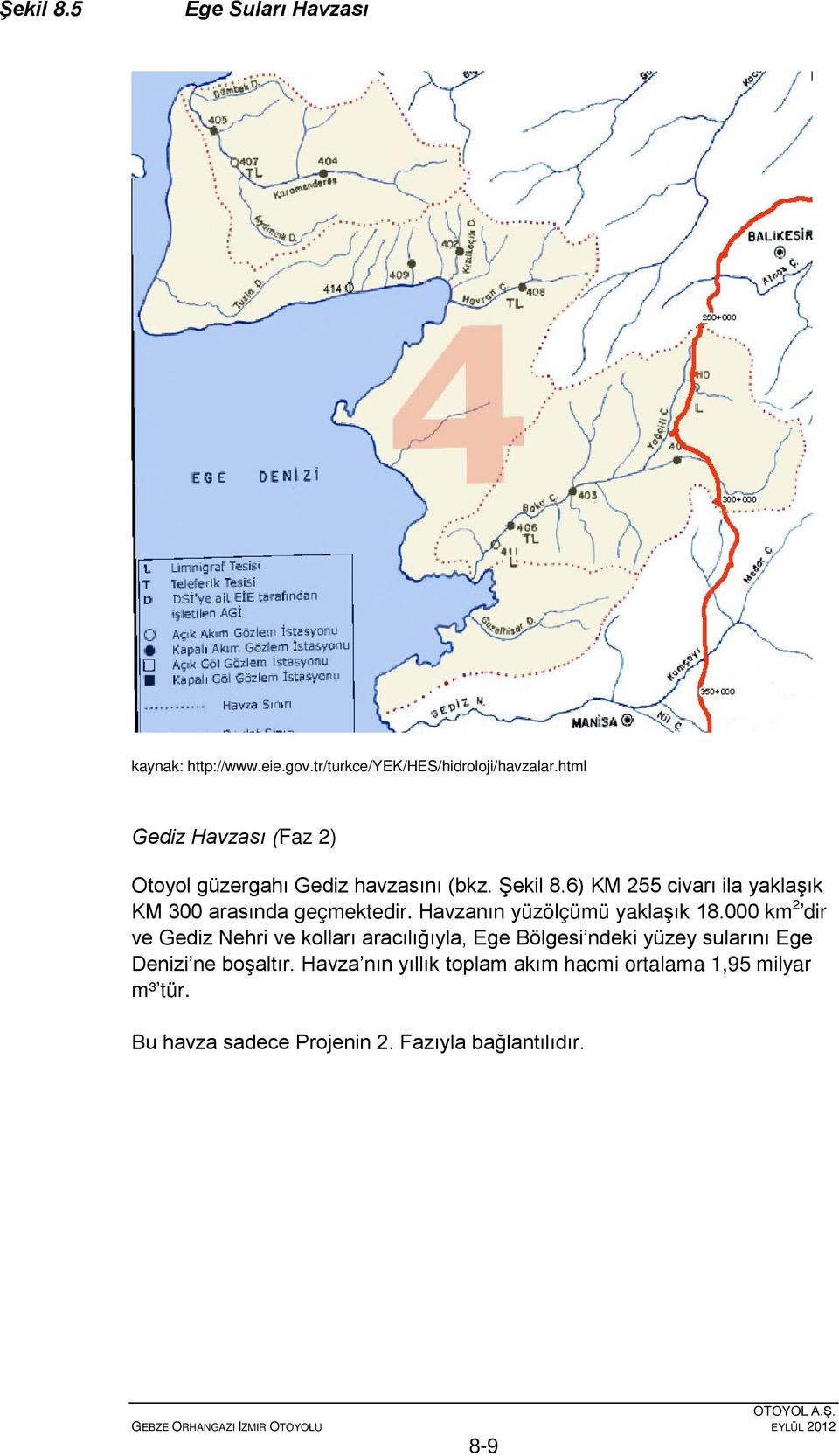 6) KM 255 civarı ila yaklaşık KM 300 arasında geçmektedir. Havzanın yüzölçümü yaklaşık 18.