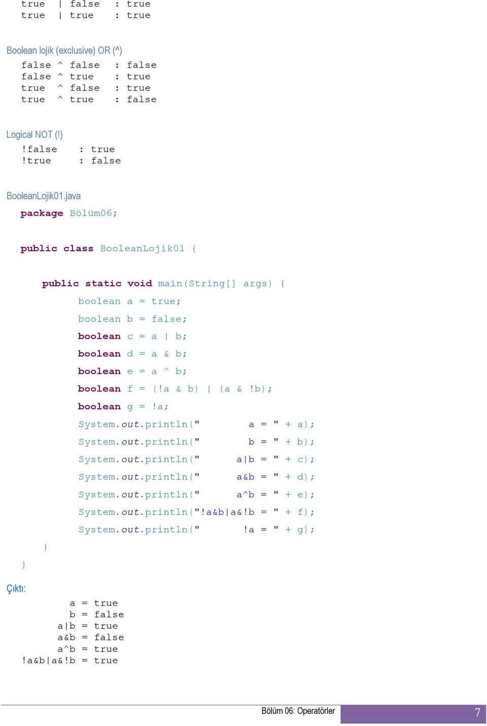 out.println(" a = " + a); System.out.println(" b = " + b); System.out.println(" a b = " + c); System.out.println(" a&b = " + d); System.out.println(" a^b = " + e); System.out.println("!a&b a&!