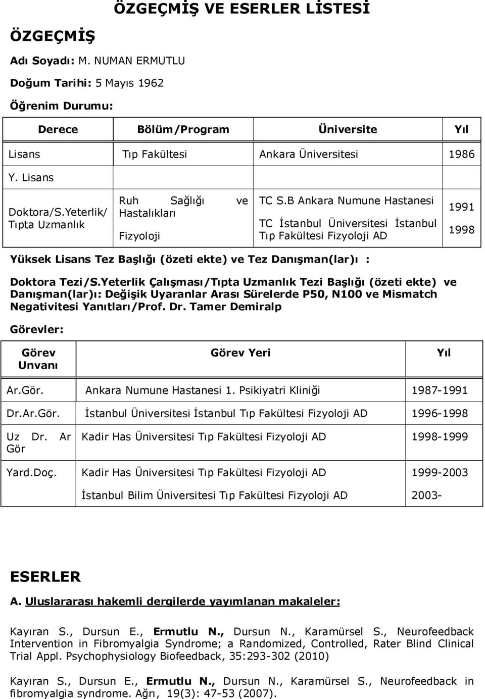 B Ankara Numune Hastanesi TC İstanbul Üniversitesi İstanbul Tıp Fakültesi Fizyoloji AD 1991 1998 Yüksek Lisans Tez Başlığı (özeti ekte) ve Tez Danışman(lar)ı : Doktora Tezi/S.