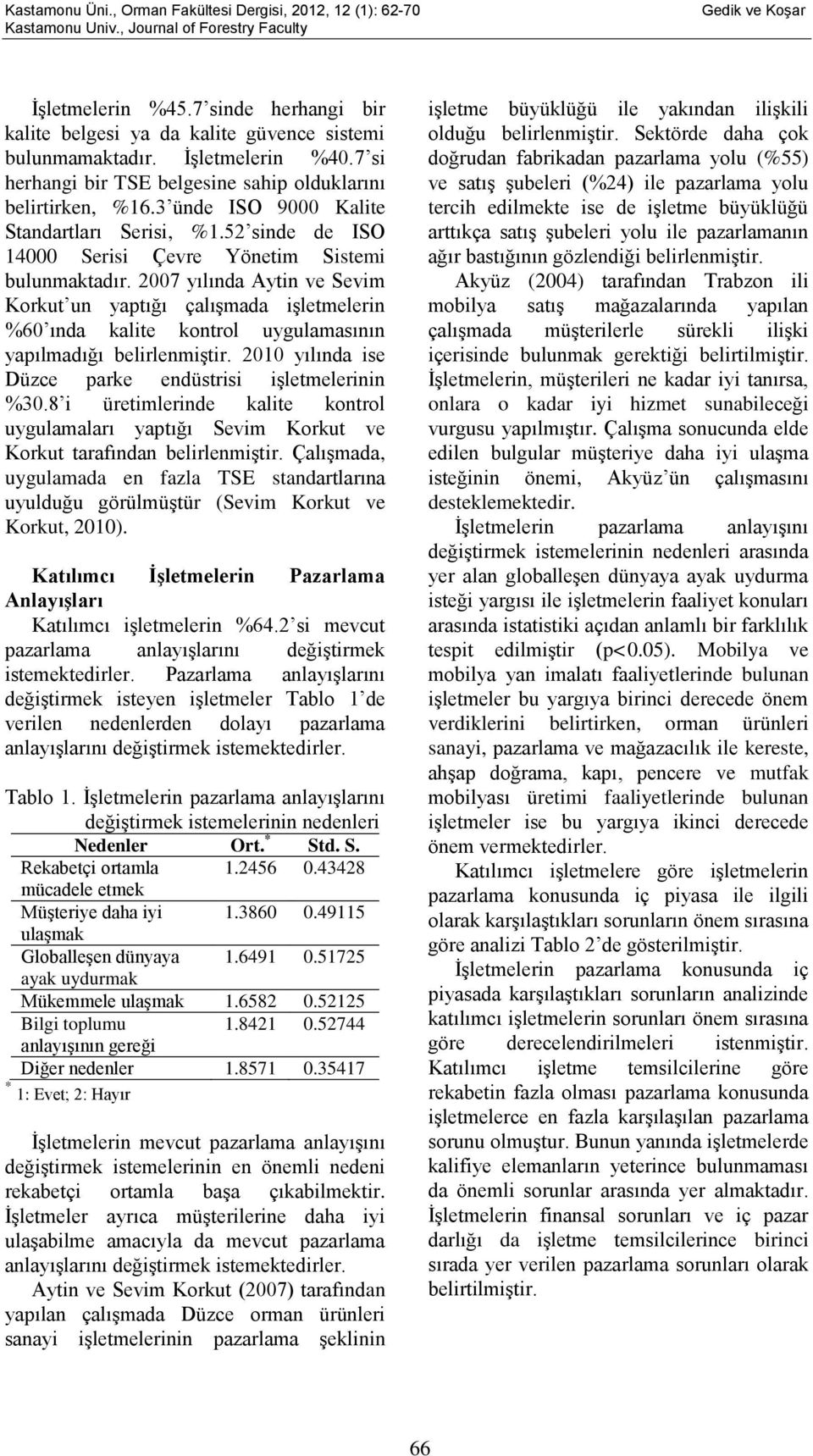 2007 yılında Aytin ve Sevim Korkut un yaptığı çalışmada işletmelerin %60 ında kalite kontrol uygulamasının yapılmadığı belirlenmiştir. 2010 yılında ise Düzce parke endüstrisi işletmelerinin %30.