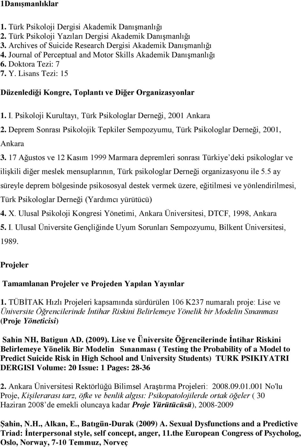 Psikoloji Kurultayı, Türk Psikologlar Derneği, 2001 Ankara 2. Deprem Sonrası Psikolojik Tepkiler Sempozyumu, Türk Psikologlar Derneği, 2001, Ankara 3.