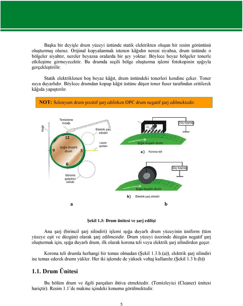 Bu drumda seçili bölge oluşturma işlemi fotokopinin ışığıyla gerçekleştirilir. Statik elektriklenen boş beyaz kâğıt, drum üstündeki tonerleri kendine çeker. Toner ısıya duyarlıdır.