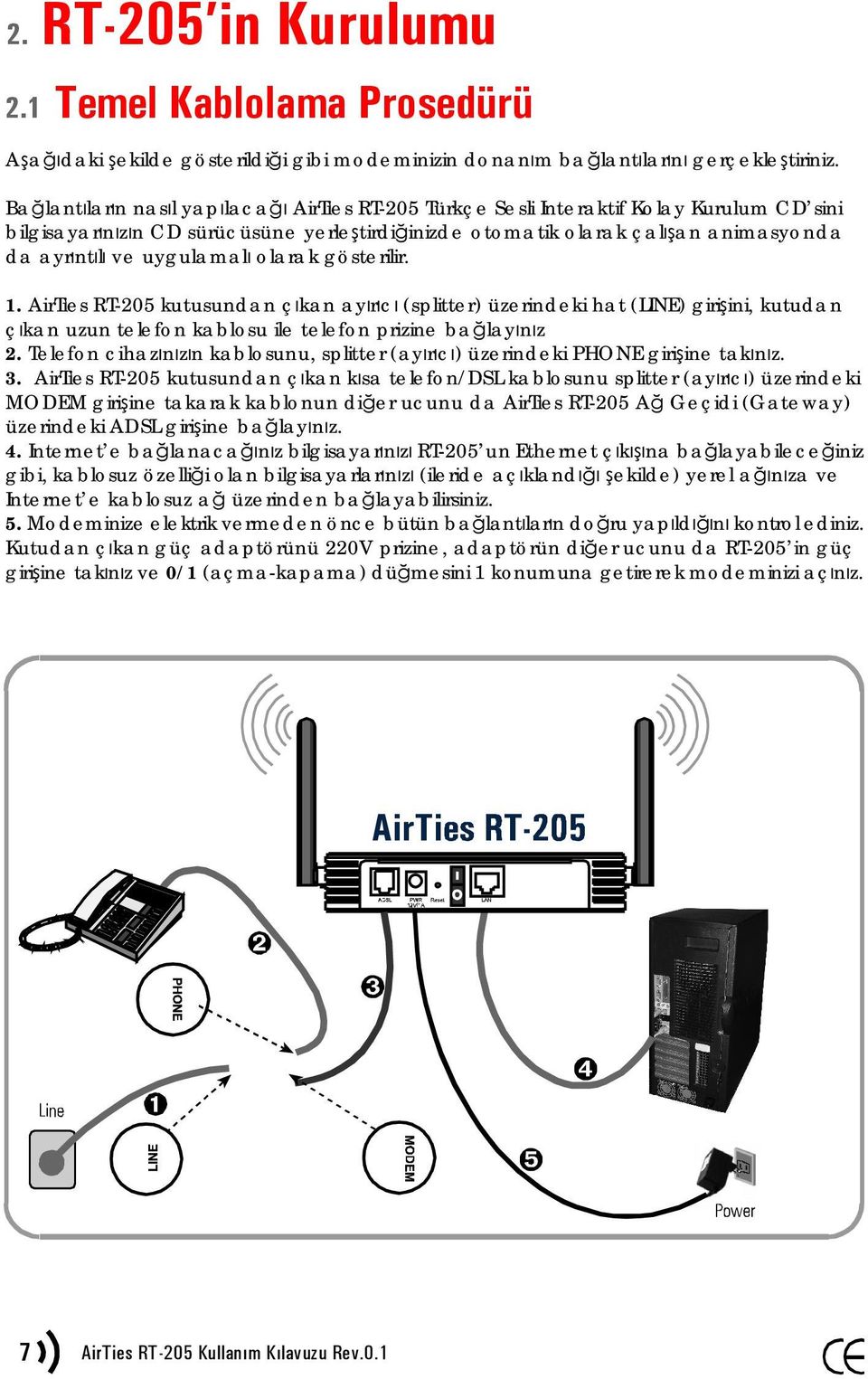 uygulamalı olarak gösterilir. 1. AirTies RT-205 kutusundan çıkan ayırıcı (splitter) üzerindeki hat (LINE) girişini, kutudan çıkan uzun telefon kablosu ile telefon prizine bağlayınız 2.