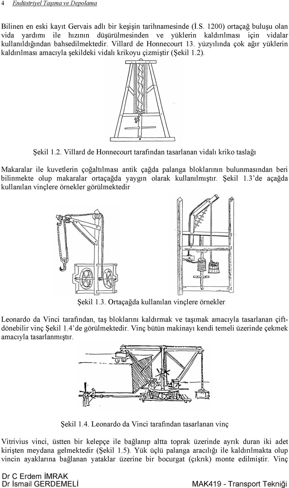 yüzyılında çok ağır yüklerin kaldırılması amacıyla şekildeki vidalı krikoyu çizmiştir (Şekil 1.2)