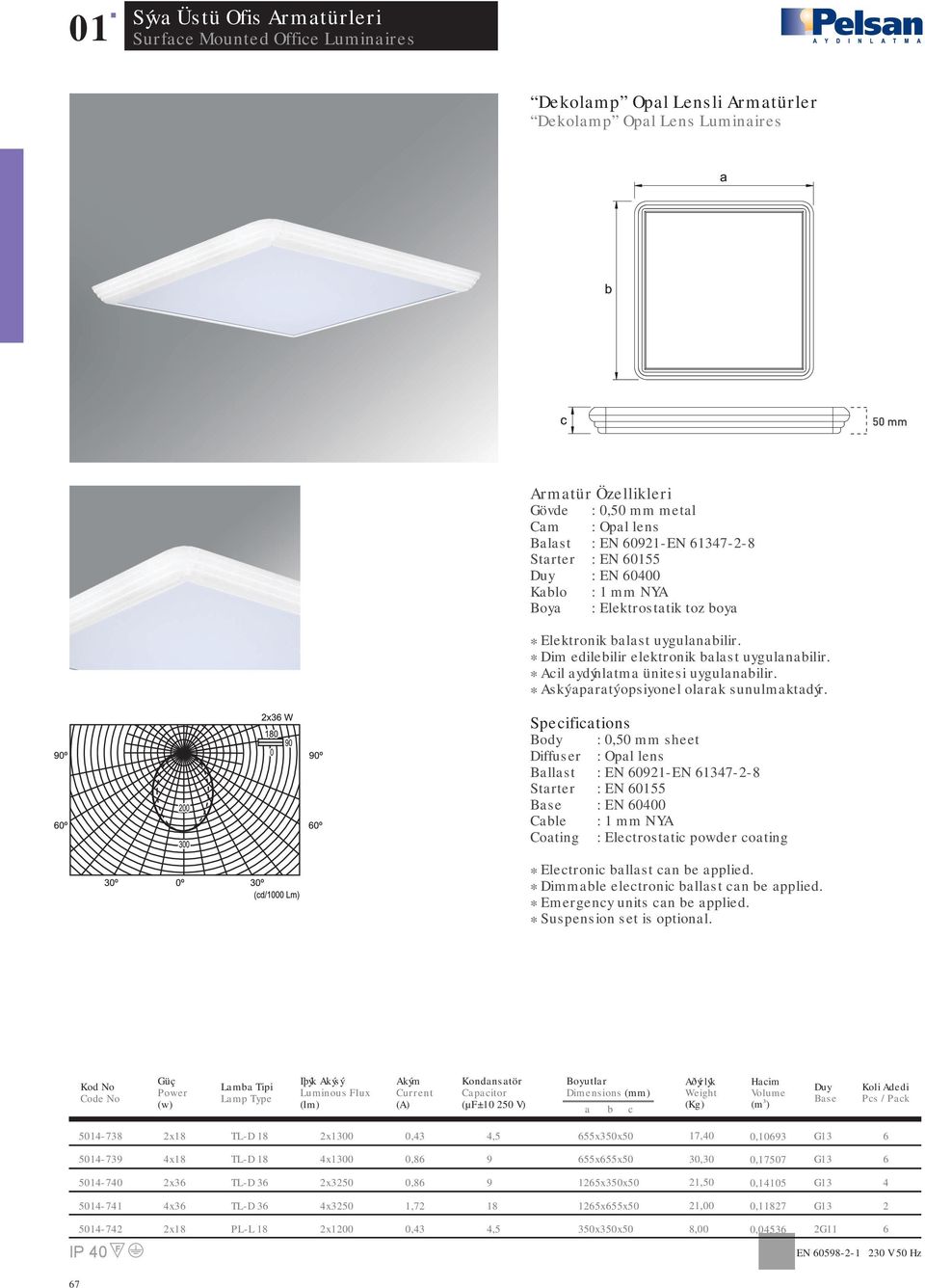 Diffuser : Opal lens Ballast : EN 0-EN 37--8 Starter : EN 055 : EN 000 * Electronic ballast can be applied. * Suspension set is optional.