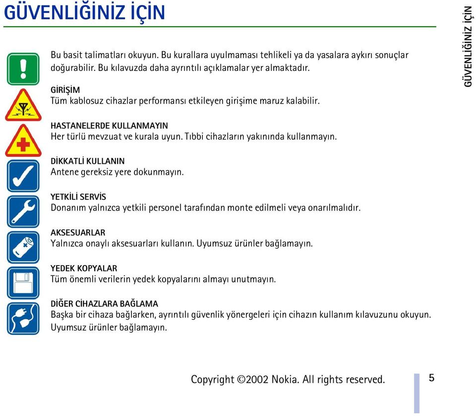 DÝKKATLÝ KULLANIN Antene gereksiz yere dokunmayýn. YETKÝLÝ SERVÝS Donaným yalnýzca yetkili personel tarafýndan monte edilmeli veya onarýlmalýdýr. AKSESUARLAR Yalnýzca onaylý aksesuarlarý kullanýn.