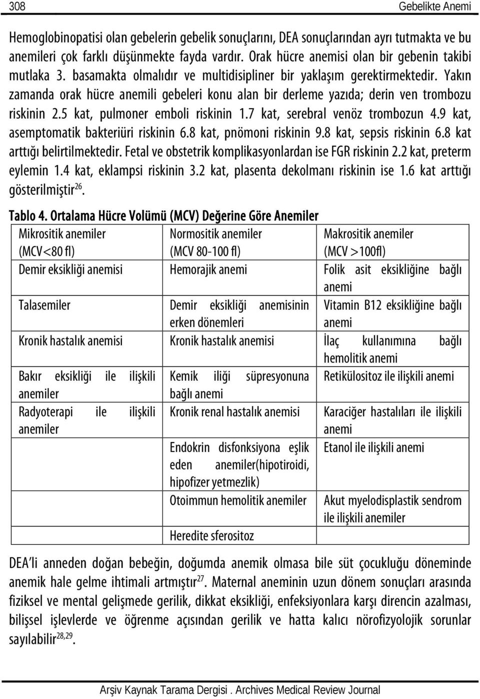 Yakın zamanda orak hücre anemili gebeleri konu alan bir derleme yazıda; derin ven trombozu riskinin 2.5 kat, pulmoner emboli riskinin 1.7 kat, serebral venöz trombozun 4.