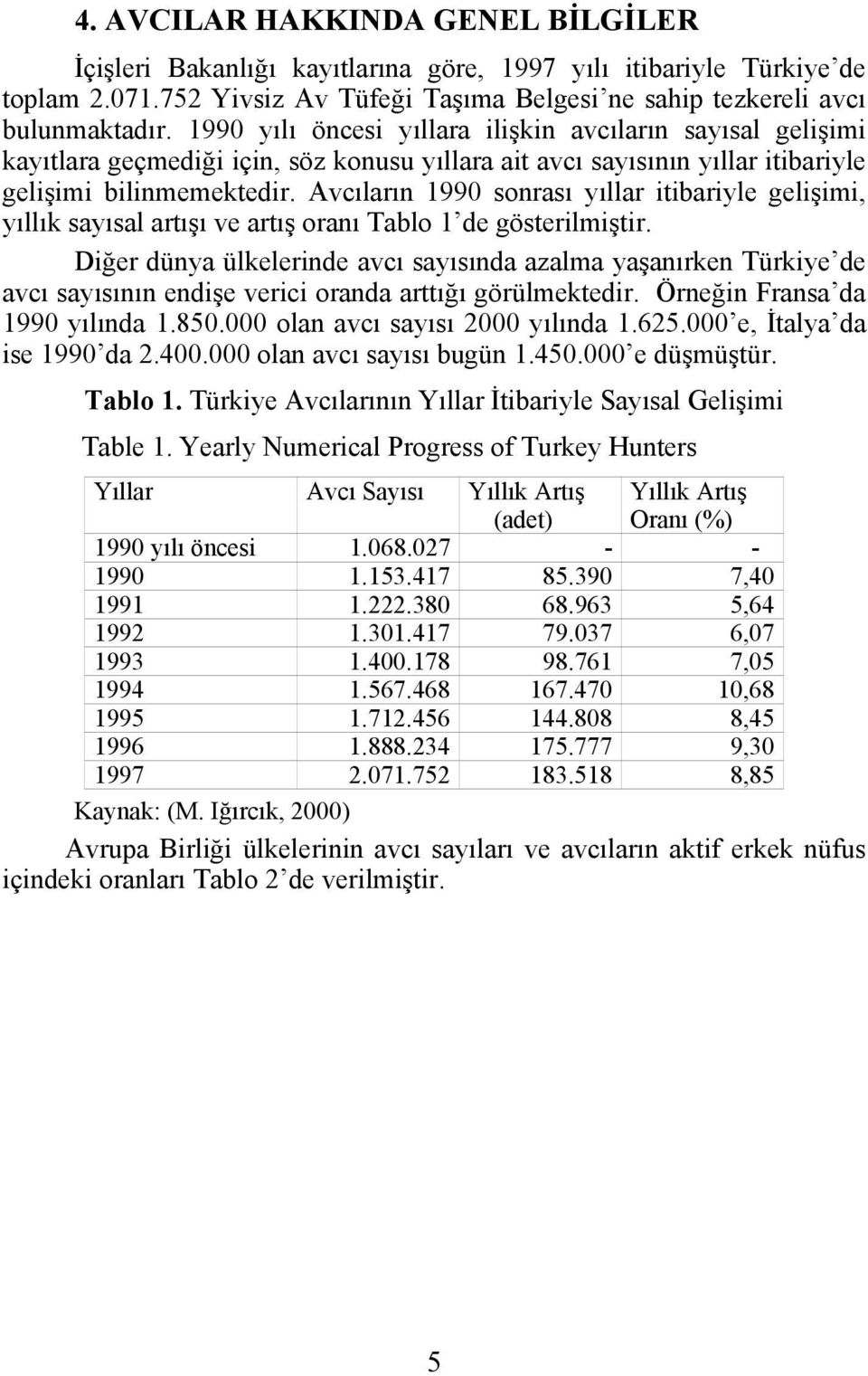 Avcıların 1990 sonrası yıllar itibariyle gelişimi, yıllık sayısal artışı ve artış oranı Tablo 1 de gösterilmiştir.