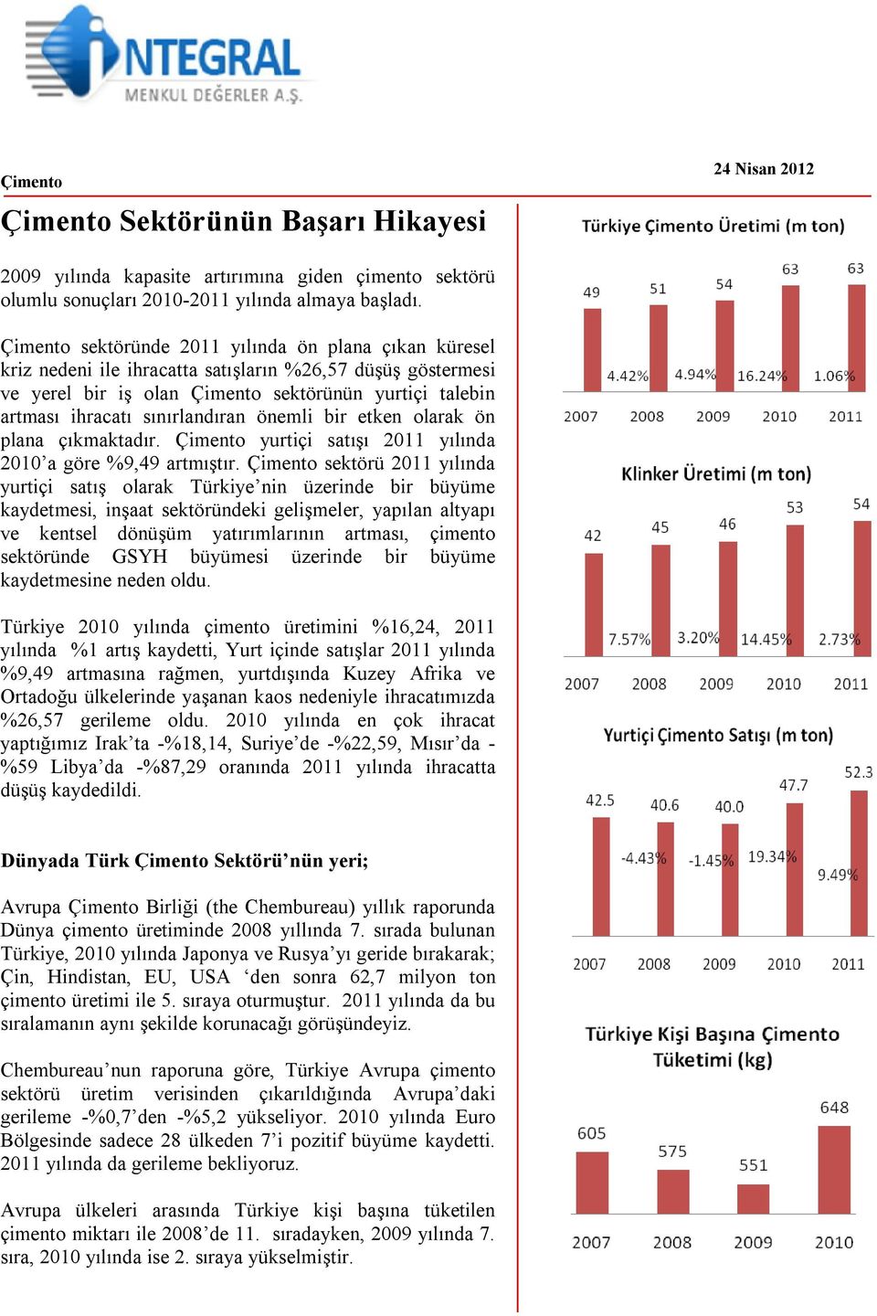 sınırlandıran önemli bir etken olarak ön plana çıkmaktadır. Çimento yurtiçi satışı 2011 yılında 2010 a göre %9,49 artmıştır.