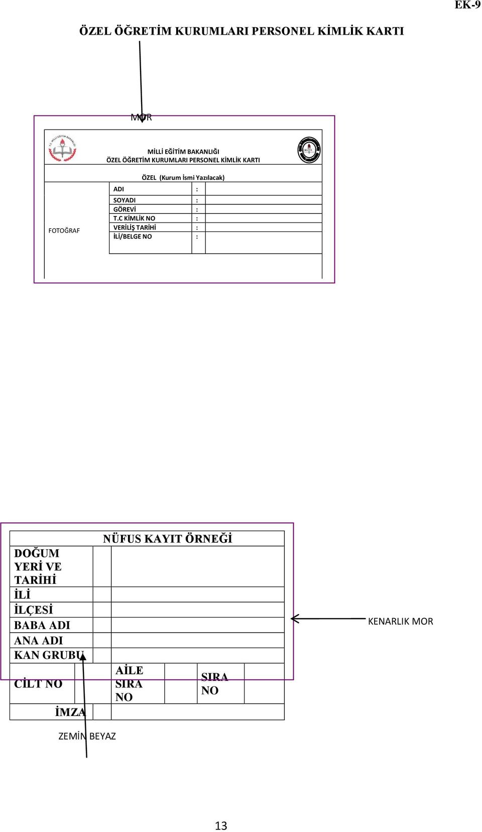 T.C KİMLİK NO : VERİLİŞ TARİHİ : İLİ/BELGE NO : DOĞUM YERİ VE TARİHİ İLİ İLÇESİ BABA ADI ANA