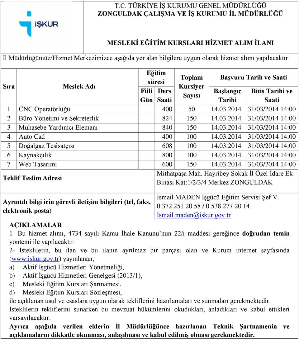 03.2014 31/03/2014 14:00 2 Büro Yönetimi ve Sekreterlik 824 150 14.03.2014 31/03/2014 14:00 3 Muhasebe Yardımcı Elemanı 840 150 14.03.2014 31/03/2014 14:00 4 Auto Cad 400 100 14.03.2014 31/03/2014 14:00 5 Doğalgaz Tesisatçısı 608 100 14.