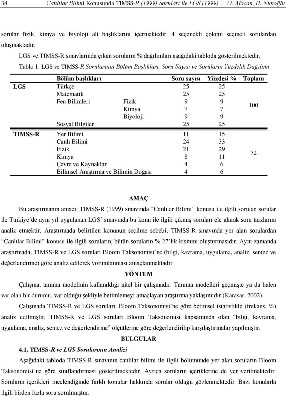 LGS ve TIMSS-R Sorularının Bölüm Başlıkları, Soru Sayısı ve Soruların Yüzdelik Dağılımı Bölüm baģlıkları Soru sayısı Yüzdesi % Toplam LGS Türkçe 25 25 Matematik 25 25 Fen Bilimleri Fizik 9 9 Kimya 7